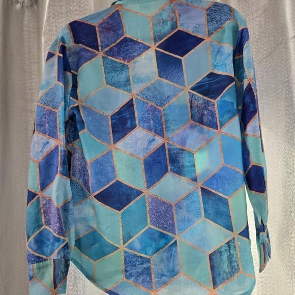 Vibrant blue, seafoam green and gold, silky blouse, size "M". - Picture 2 of 4
